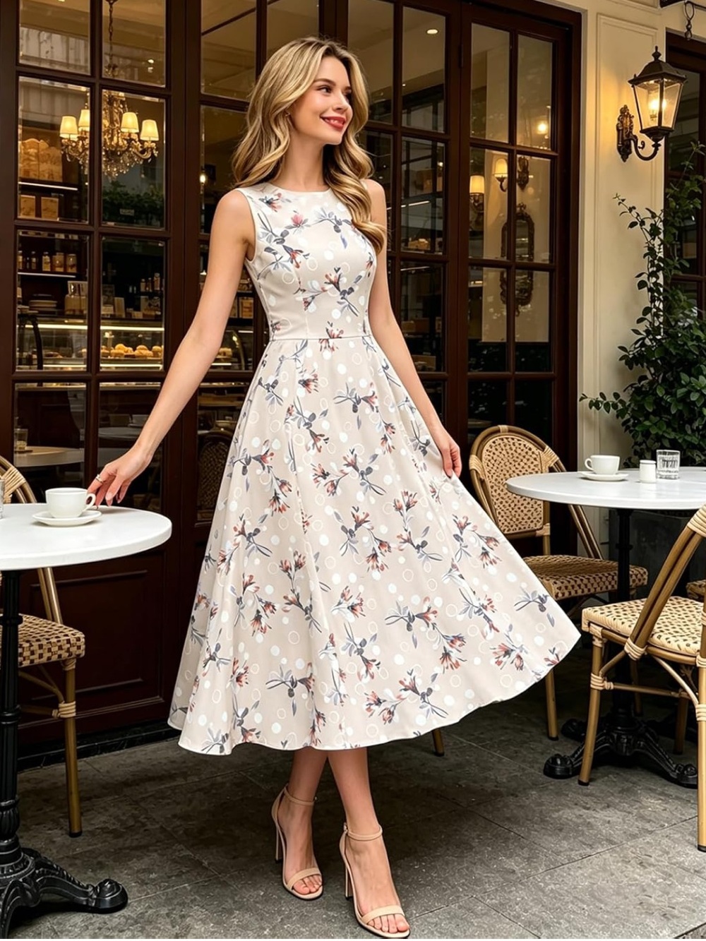 Simple Flavor Sleeveless Blush Floral A-Line Dress with O-Neck